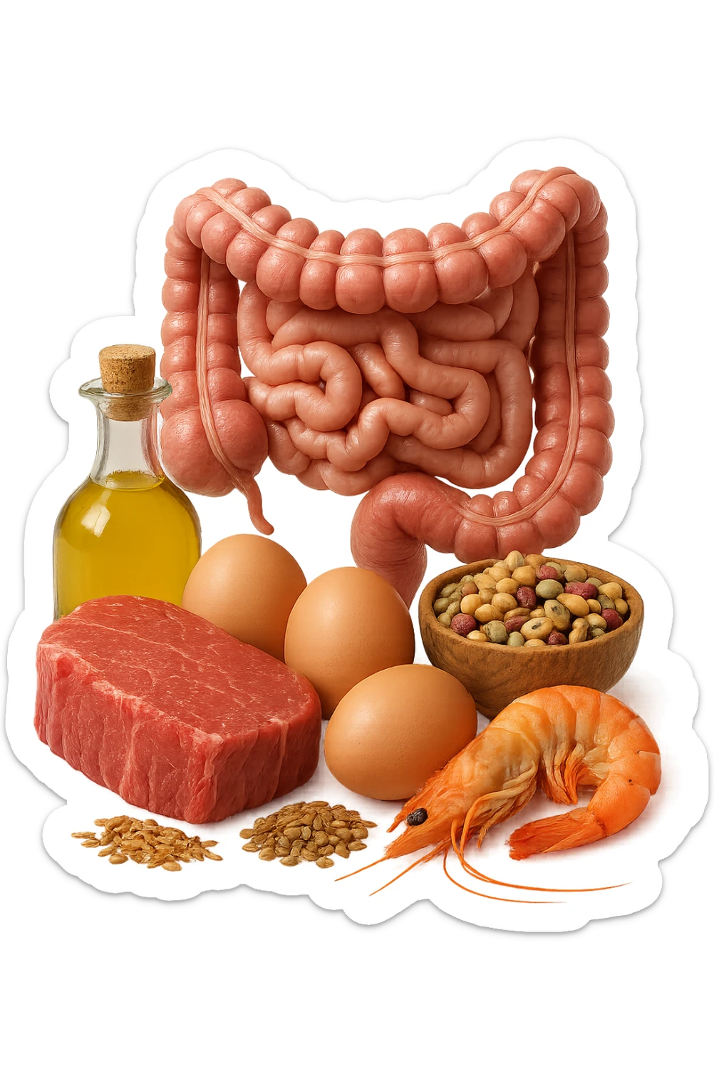 carne, uova, semi oleosi, legumi, crostacei insieme ad INTESTINO umanO realisticO, iperrealistici 4k sticker