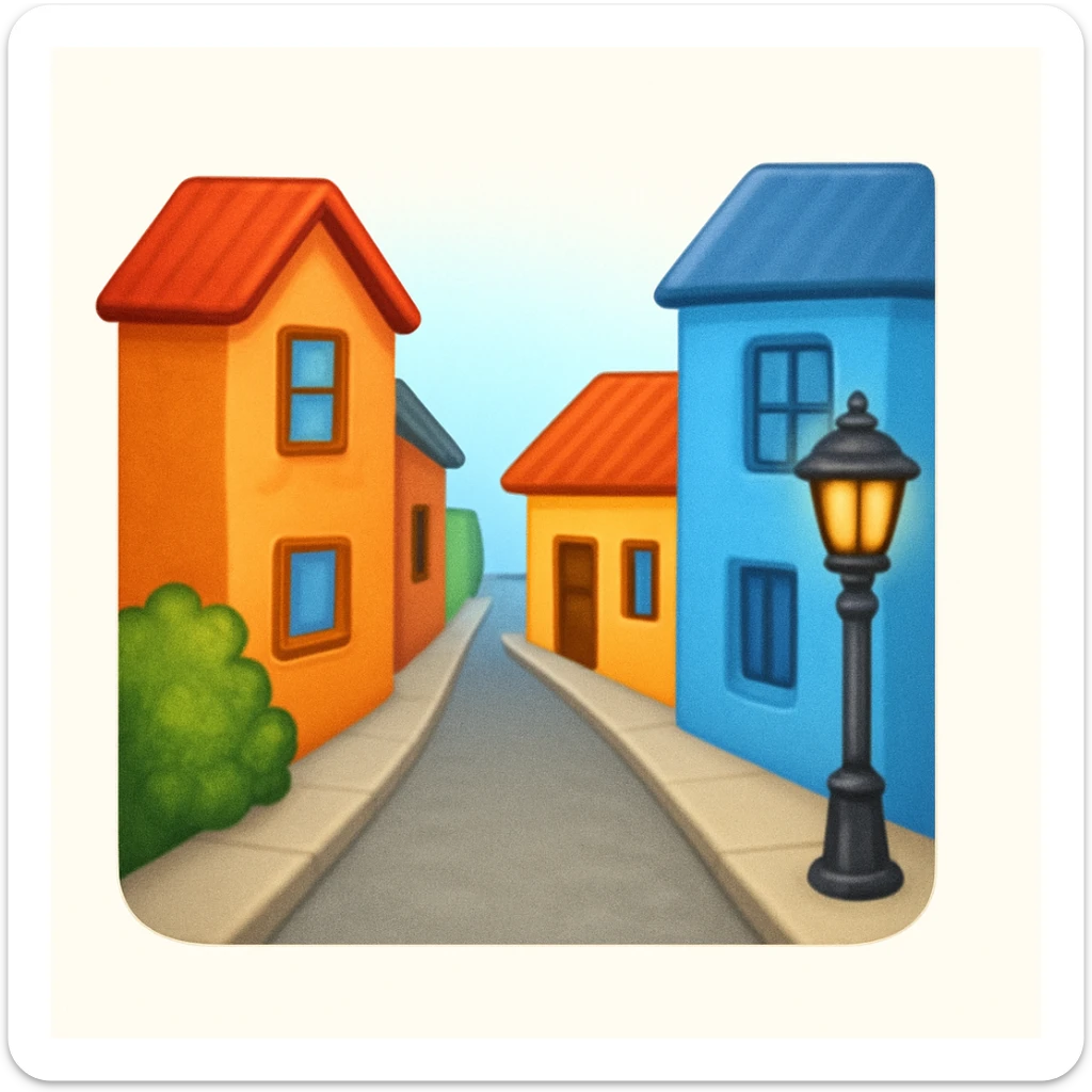 emoji of a small cozy street scene — a narrow road with a sidewalk, a few colorful buildings on the sides, and a streetlight. Soft daylight, clean design, minimal background, cheerful and detailed Apple emoji style sticker