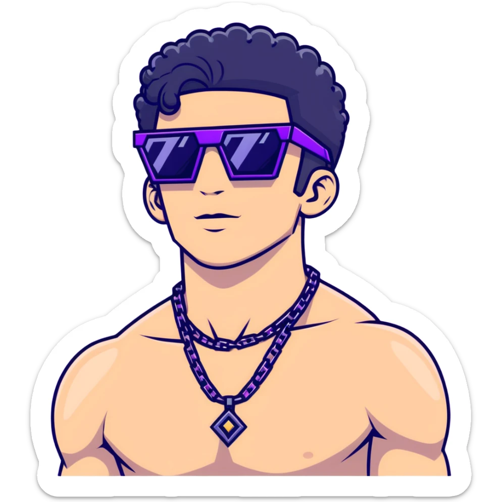 shirtless male athlete with white skin and moderately curly black hair on top with shaved sides, wearing sharp angular geometric purple sunglasses with very dark heavily tinted black lenses, and a simple plain black chain necklace, no earrings sticker