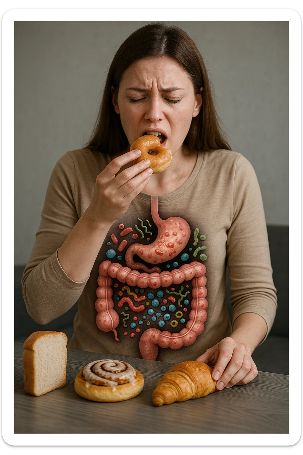 donna con batteri cattivi pieni nel suo intestino immagini realistiche mangia alimentazione ricca di glutine e zuccheri alimentando tutti i batteri cattivi sticker