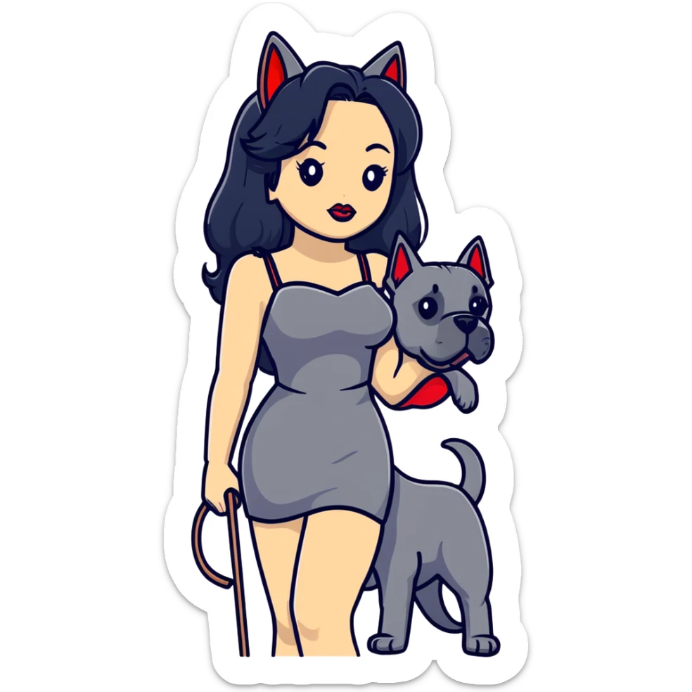Fashionable woman in sling dress with long black hair, big red lips, and Cane Corso dog ears and short tail sticker