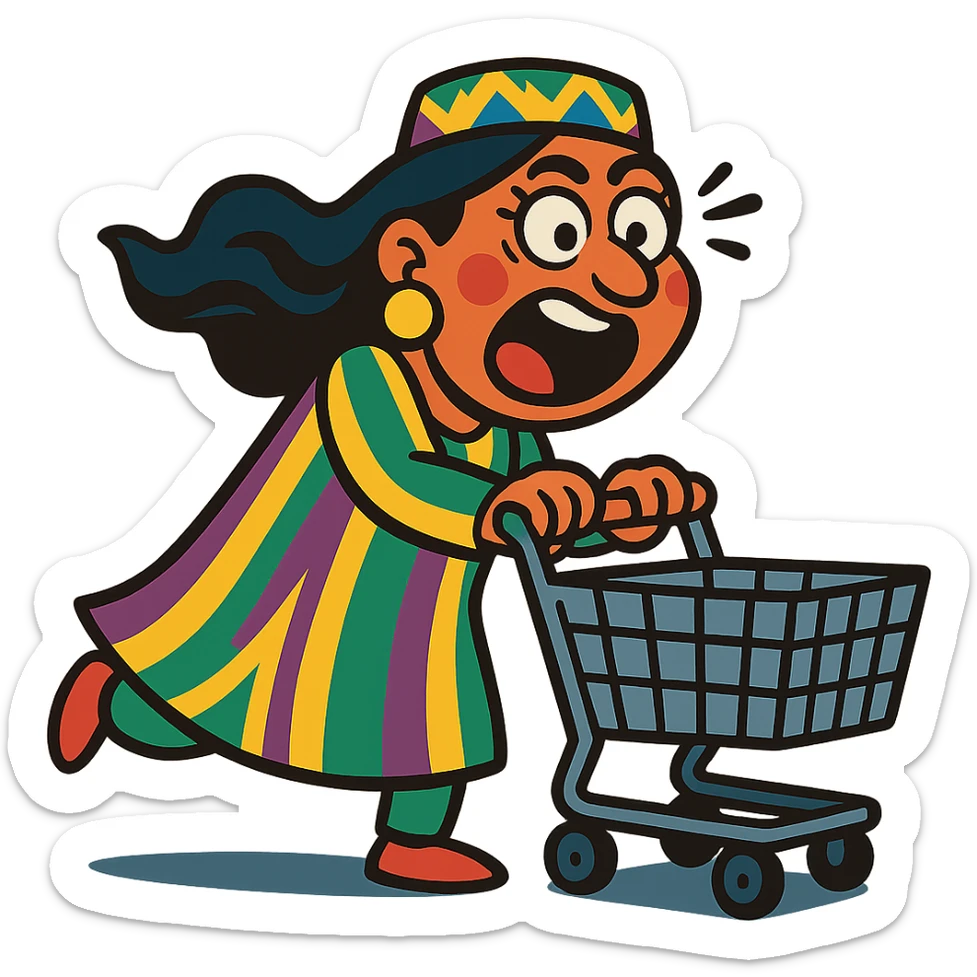 cartoonish Uzbek woman with a shopping cart, exaggerated emotions sticker