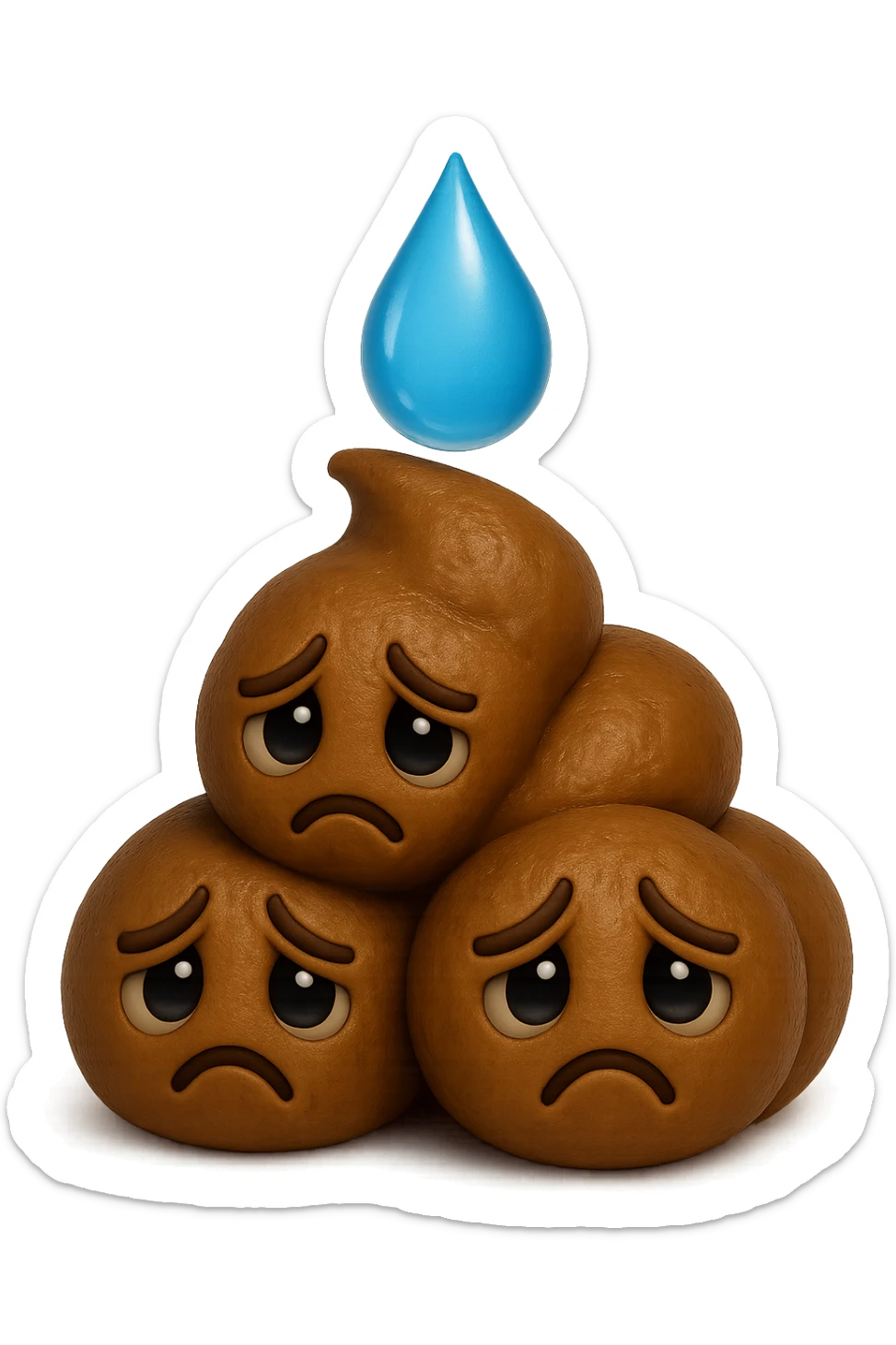 emoji stile iphone di una montagnetta di feci umane realistiche a palline tristi con sopra un simbolo delle gocce di acqua, iperrealistico 4k sticker