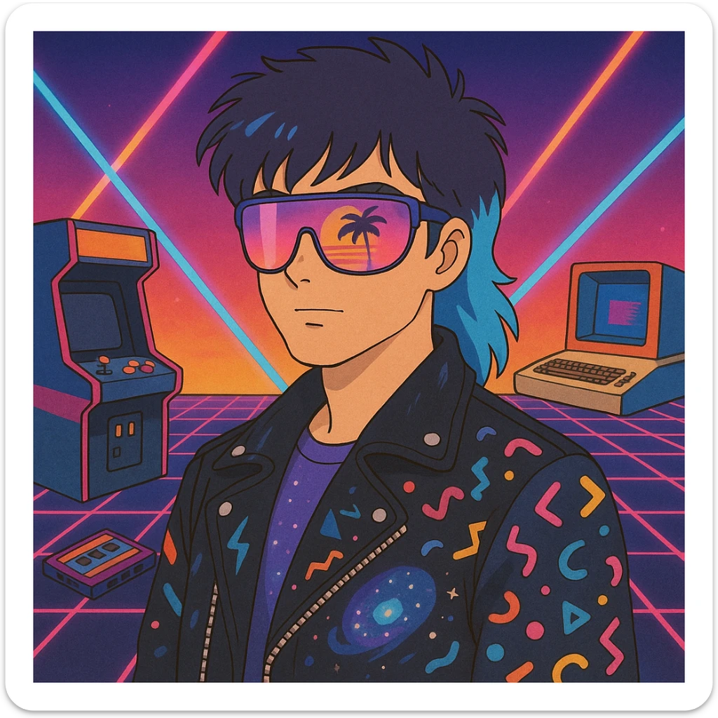 80s retro-futurism male portrait with mullet haircut with neon blue tips, airbrushed sunglasses with pink-purple gradient and palm/sunset reflection, leather jacket with lightning, cosmic, and Memphis Design patterns, neon gradient background with perspective grid, laser beams, cassettes, arcade games, Commodore 64, MTV-era palette sticker