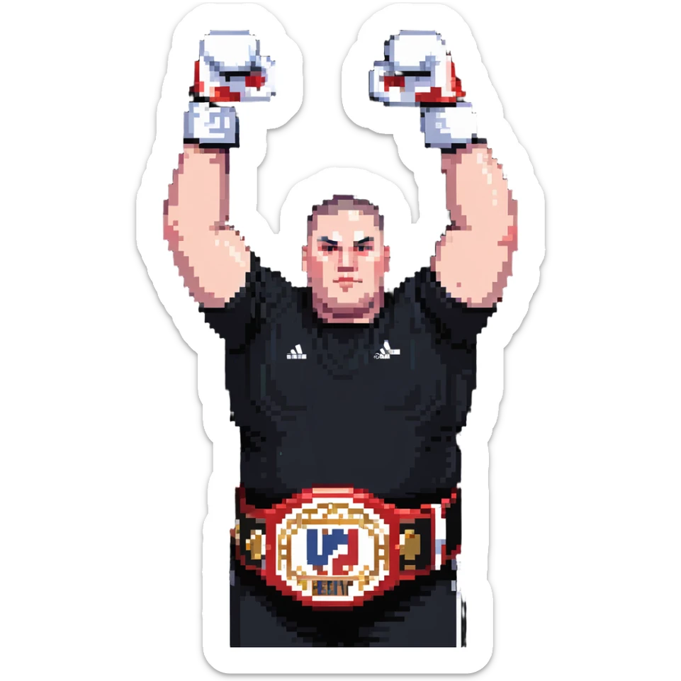 white man with dark hair, dark eyes, buzzcut faded haircut, overweight 100kg boxer, chubby face, stocky build, wearing full black clothes, black adidas boxing gloves, victory pose with arms raised, holding championship belt, upper body only no legs visible, highly pixelated sticker