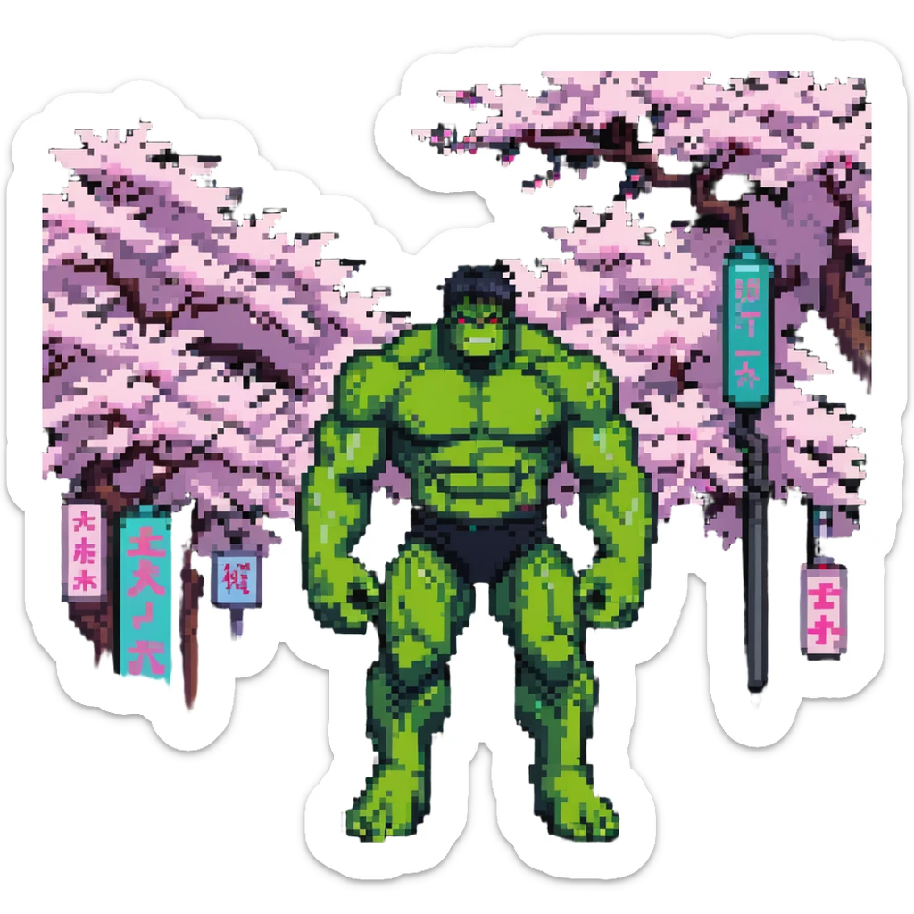 the Hulk standing in a Japanese city with cherry blossoms and neon signs sticker