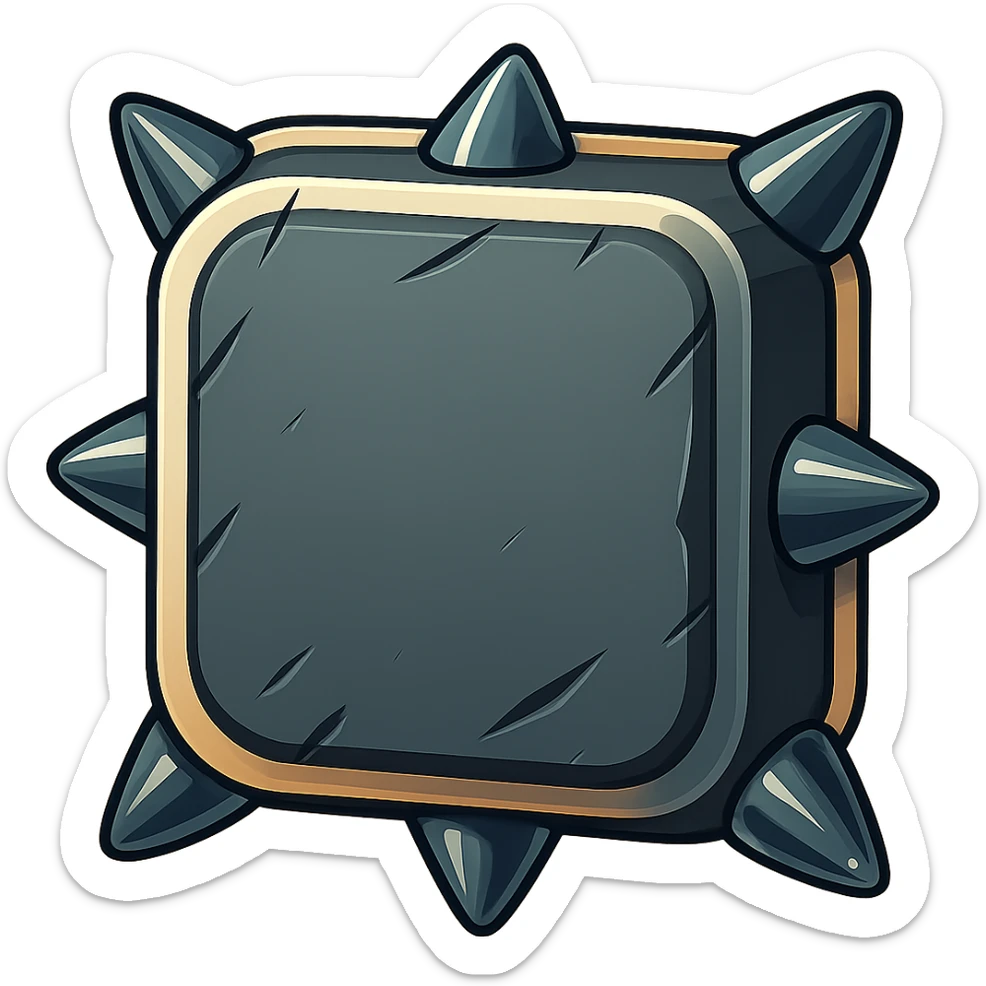 Add four short, fat spikes to each visible side edge of the metal slab (not the front face) in a retro sticker style. Keep the background transparent. sticker