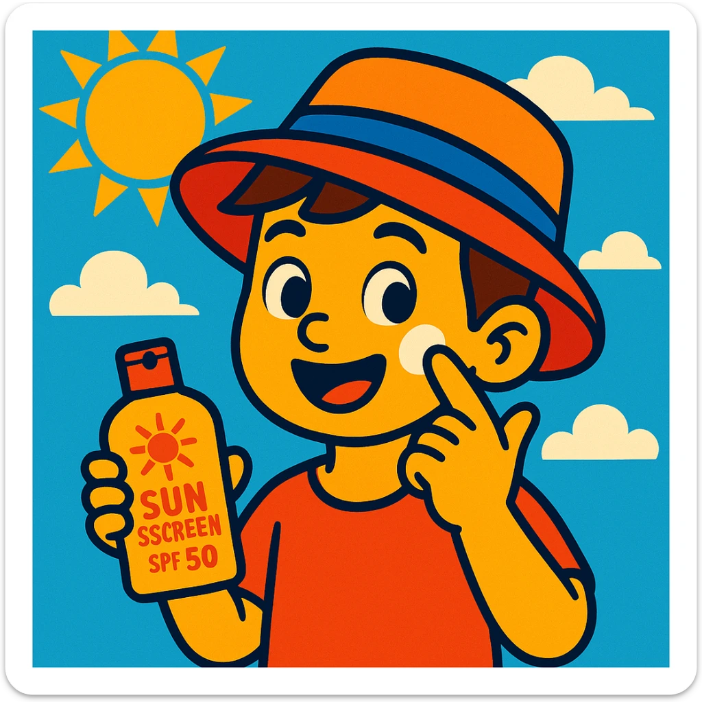 bright cartoon style of a boy wearing a hat and applying sunscreen on his cheek sticker