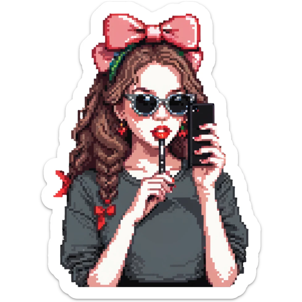 Girl with huge lips, sunglasses, bow on her hair, holding a phone with attitude sticker