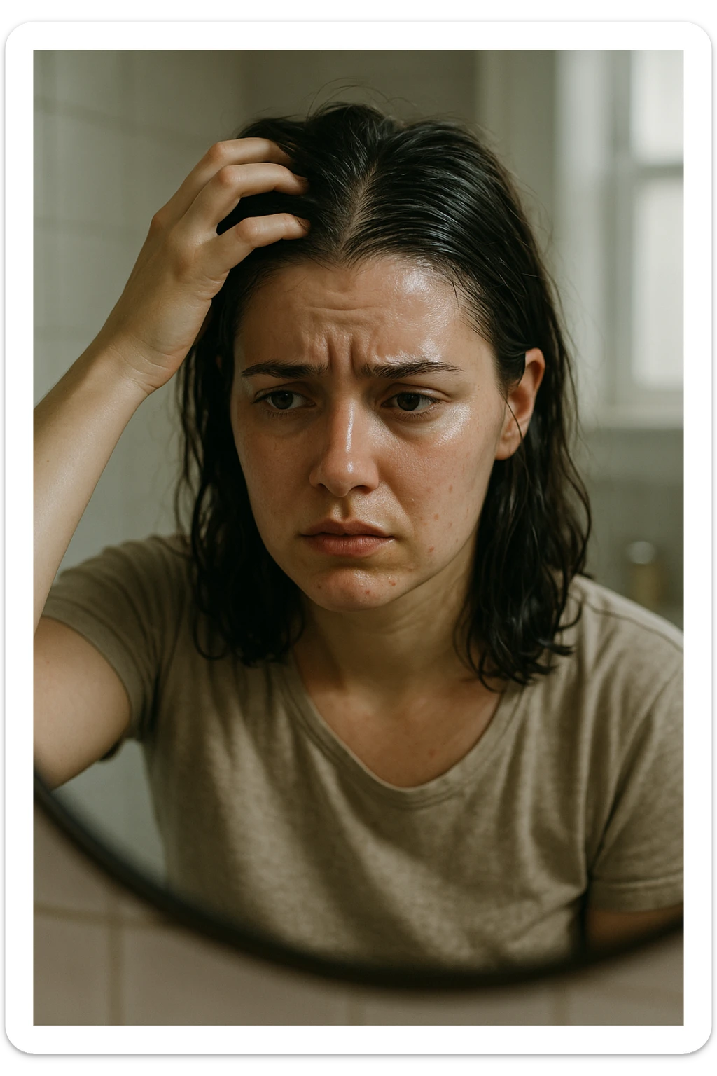 A realistic, cinematic portrait of a young woman in her late 20s sitting in front of a mirror, visibly frustrated. Her skin appears oily with a shiny forehead and cheeks, while her dark hair looks greasy and clumped, suggesting excessive sebum production. She lightly touches her scalp with concern while observing her reflection. Her expression is a mix of exhaustion and discomfort, emphasizing the emotional burden of these symptoms. The bathroom setting is softly lit with neutral daylight, reflecting a realistic environment. Subtle details such as small acne spots on the jawline and chin highlight androgen-related PCOS symptoms. Style: clean, detailed, 35mm realism with soft depth of field to keep focus on her expression and the greasy hair texture, while the background remains minimal to maintain emotional impact sticker