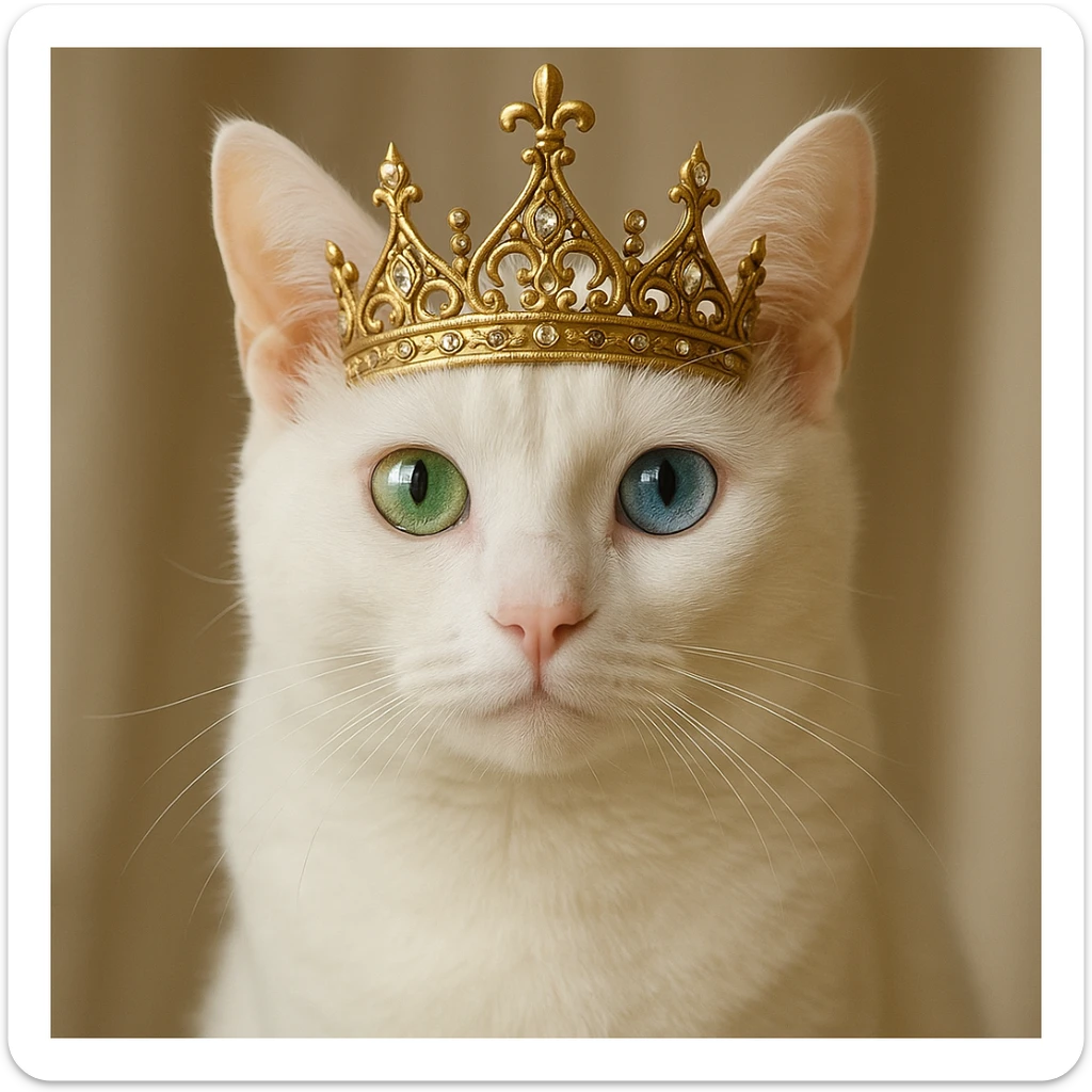 realistic white cat with one green eye and one blue eye, wearing a princess crown sticker