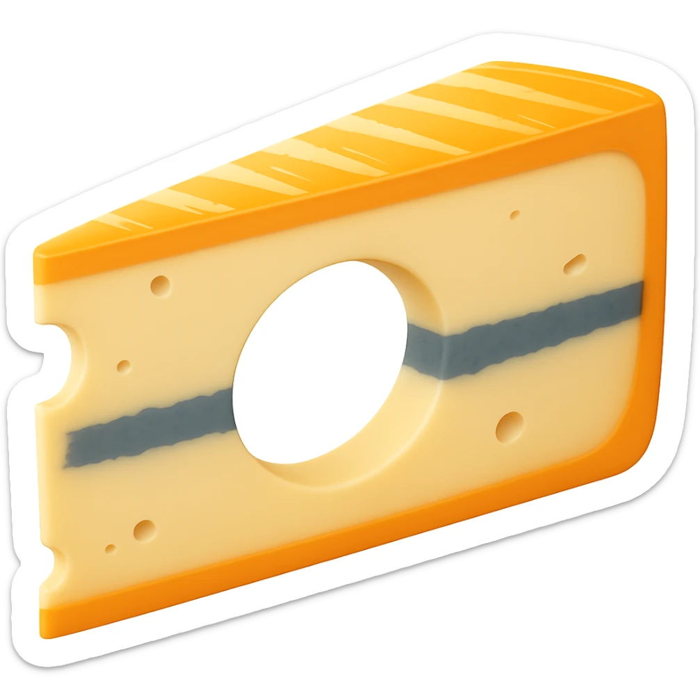 Make the blue-grey ash line in the center of the Morbier cheese wedge noticeably thicker, keeping the rest of the cheese details the same. Maintain the apple emoji style with soft lighting and subtle shadows. Transparent background, emoji scale. sticker