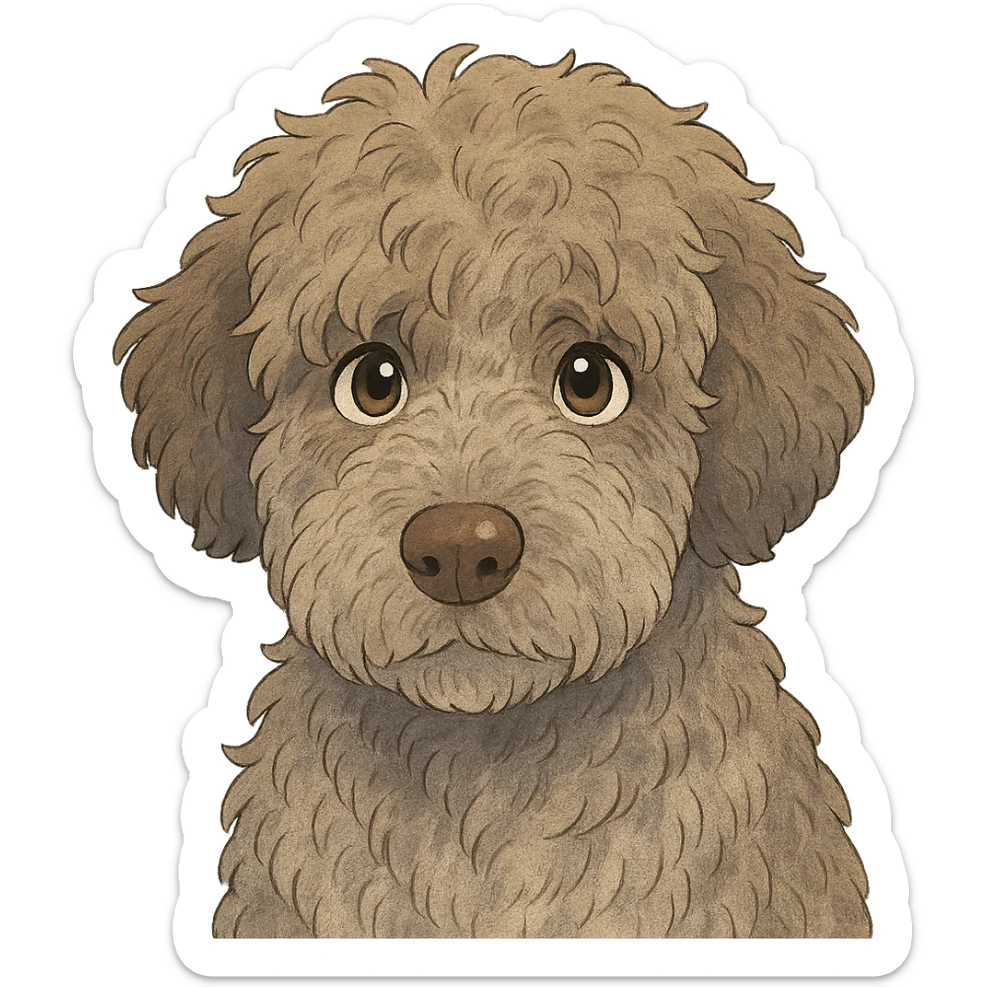 close-up portrait of Lagotto Romagnolo dog, fluffy roan fur, expressive eyes, ghibli style sticker
