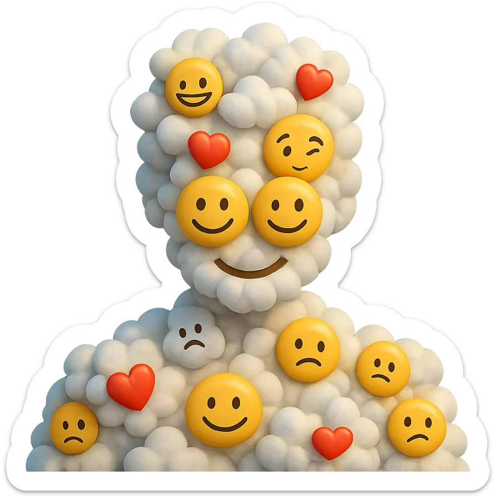 person composed entirely of volumetric emoji clouds, shoulder view, looking straight ahead sticker