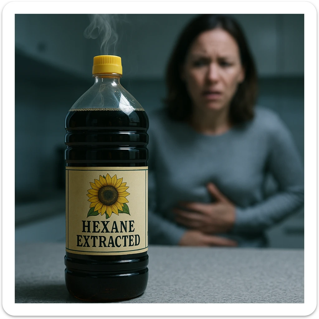 photorealistic bottle of sunflower or soybean oil on a kitchen counter, unusually dark oil, label reading 'Hexane extracted', faint toxic vapor rising from the bottle, background with a blurred worried person holding their stomach, cold clinical lighting, surreal tension sticker