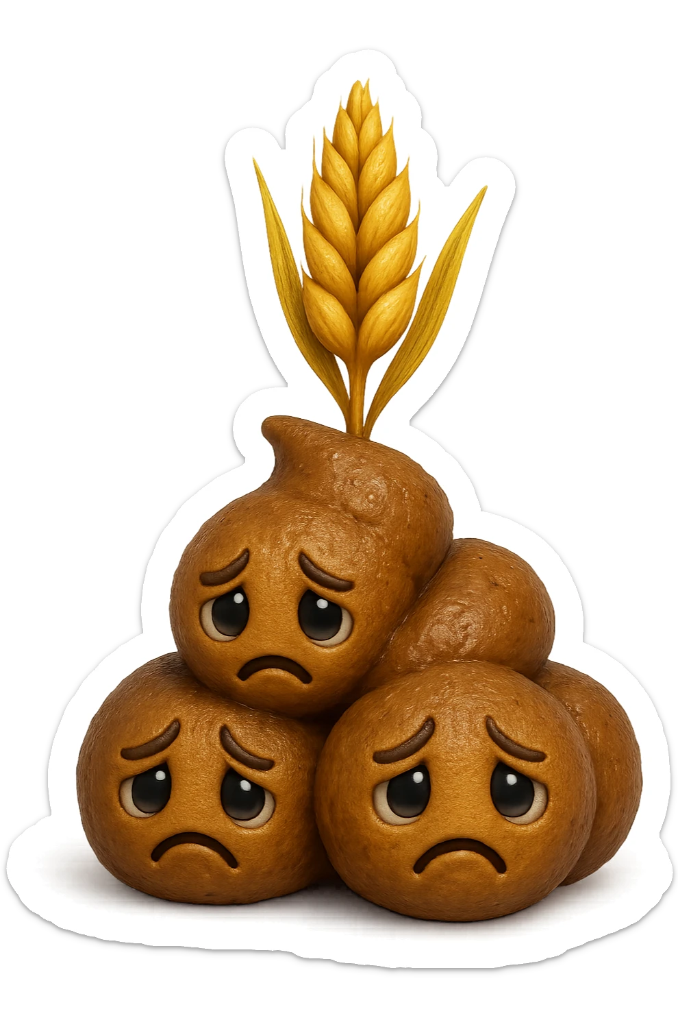 emoji stile iphone di una montagnetta di feci umane realistiche a palline tristi con sopra un simbolo del grano, iperrealistico 4k sticker