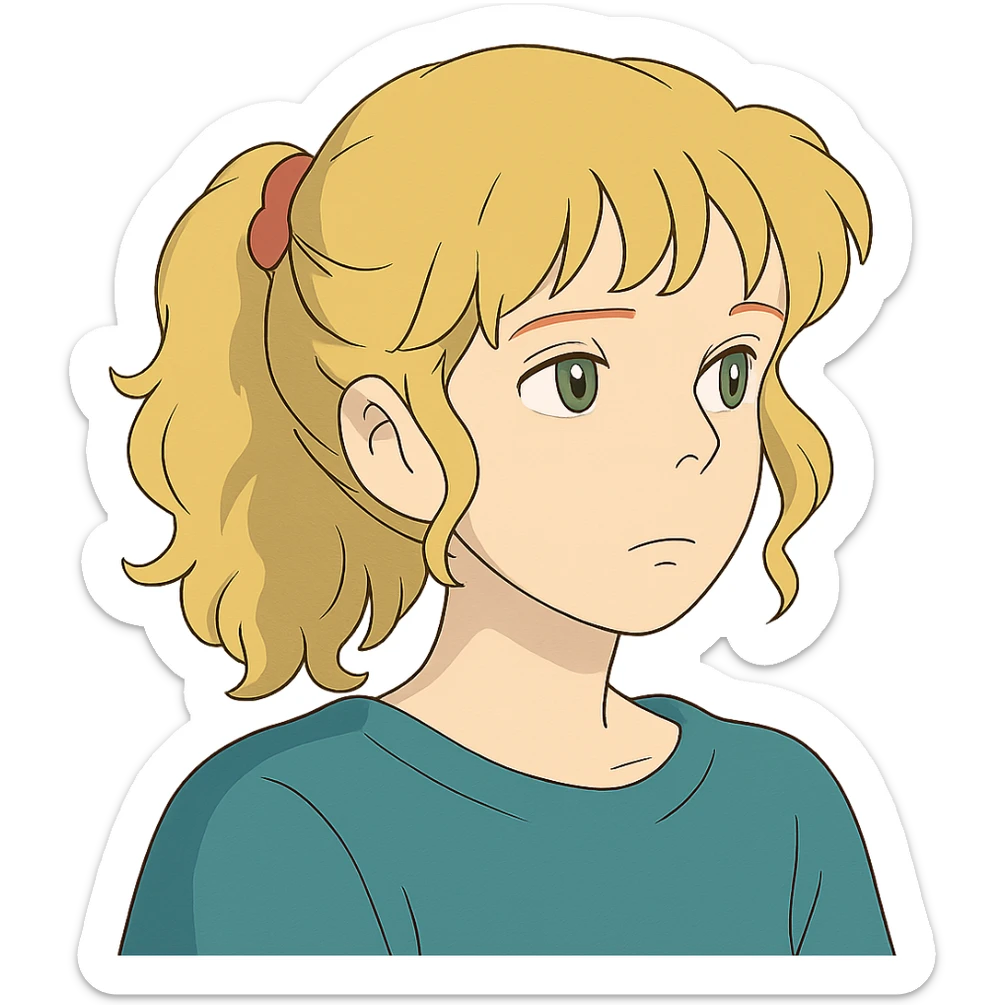 ghibli style character with blonde, curly shoulder-length hair tied back with a red scrunchie, pale white skin, pale green eyes sticker