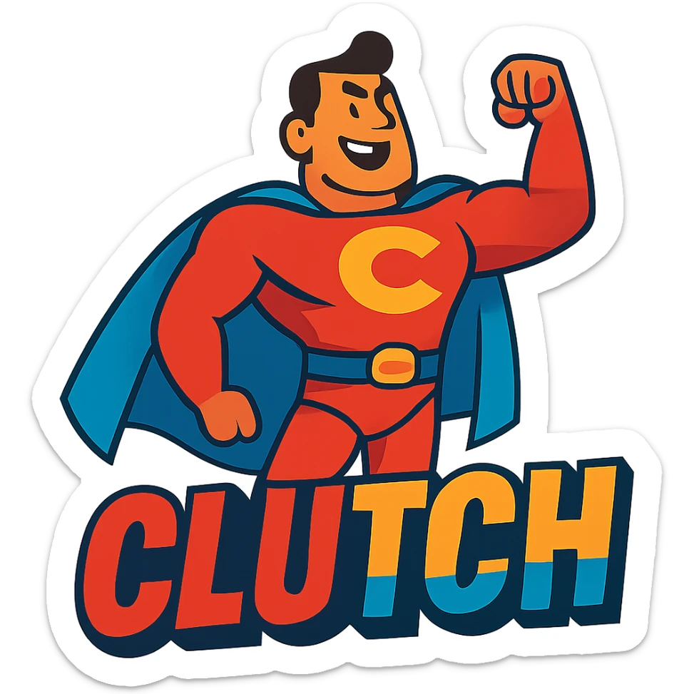 A hero with one hand and the text 'CLUTCH', bold and empowering, vibrant colors sticker