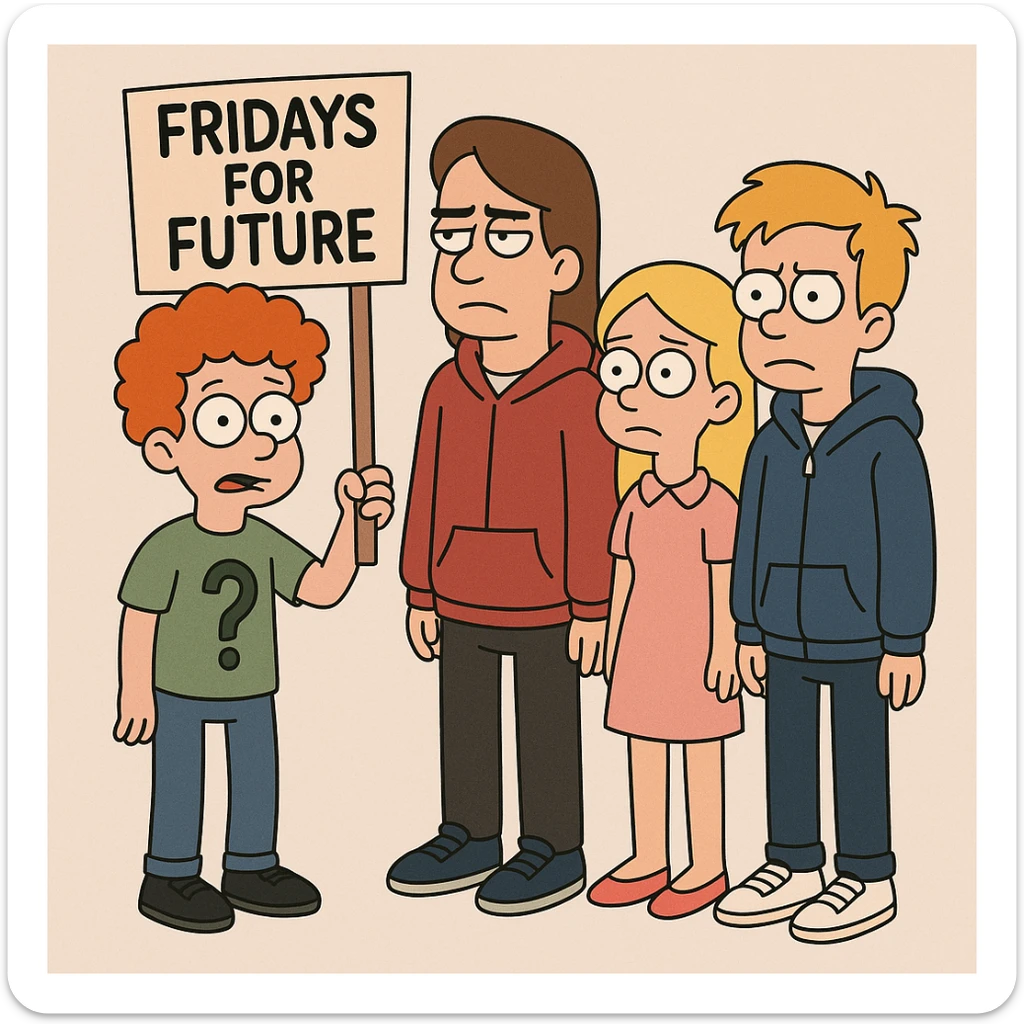  Fridays for Future a boy orange curly hair green question t-shirt jeans black shoes boy brown Hockey Hair red hoodie black trousers navy blue trainer shoes girl yellow hair with shirt dress pink shoe boy Yellow Orange hair blue jackets hoodie dark blue jeans white shoe  sticker