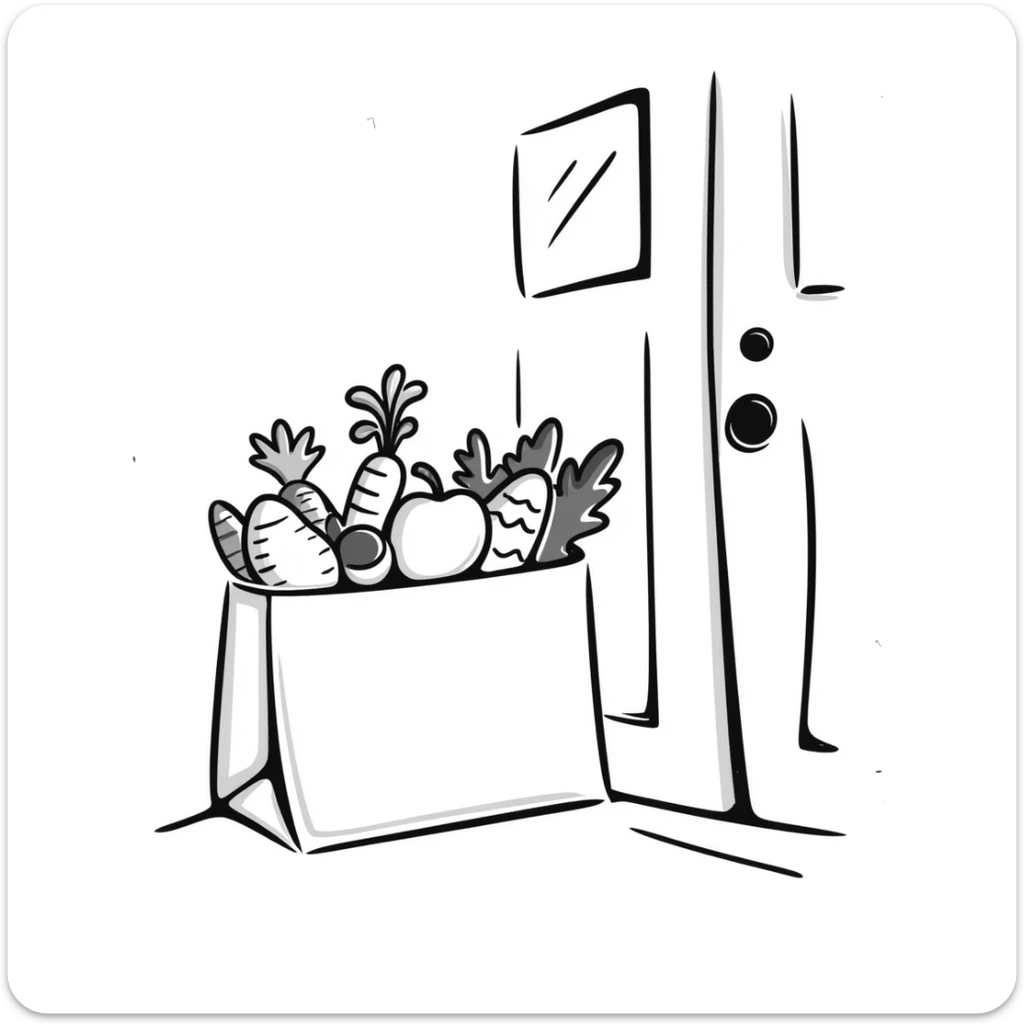 doodle of a paper bag with vegetables and fruits, delivered at the door sticker