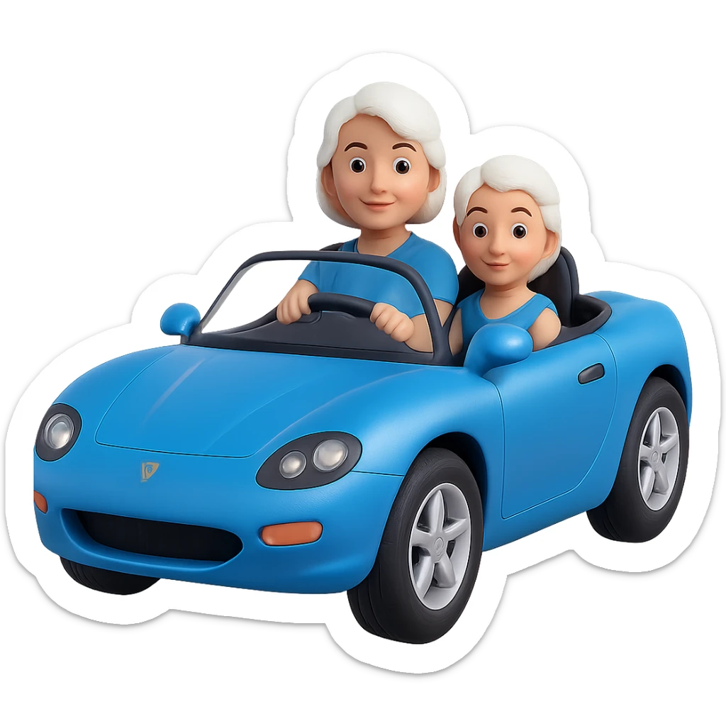 Make this mother with white hair driving a blue sports car look 10% more realistic in the style of 3D Emoji, keep the 3D emoji style, no background. sticker