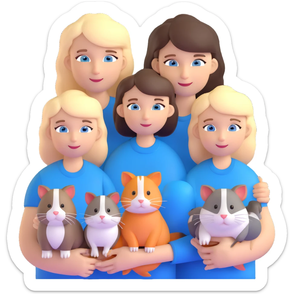 Family portrait with father with dark brown hair and blue eyes, mother with light brown hair and blue eyes, three blonde little girls with blue eyes, plus a cat and two guinea pigs sticker