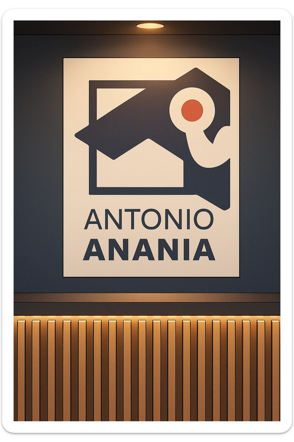 su questo stile fai un manga/webtoon a colori in cui mostri quella parete dietro dello studio con il suo logo e la scritta "ANTONIO ANANIA" SOTTO IL LOGO, LUCE CHE ILLUMINA IL LOGO sticker