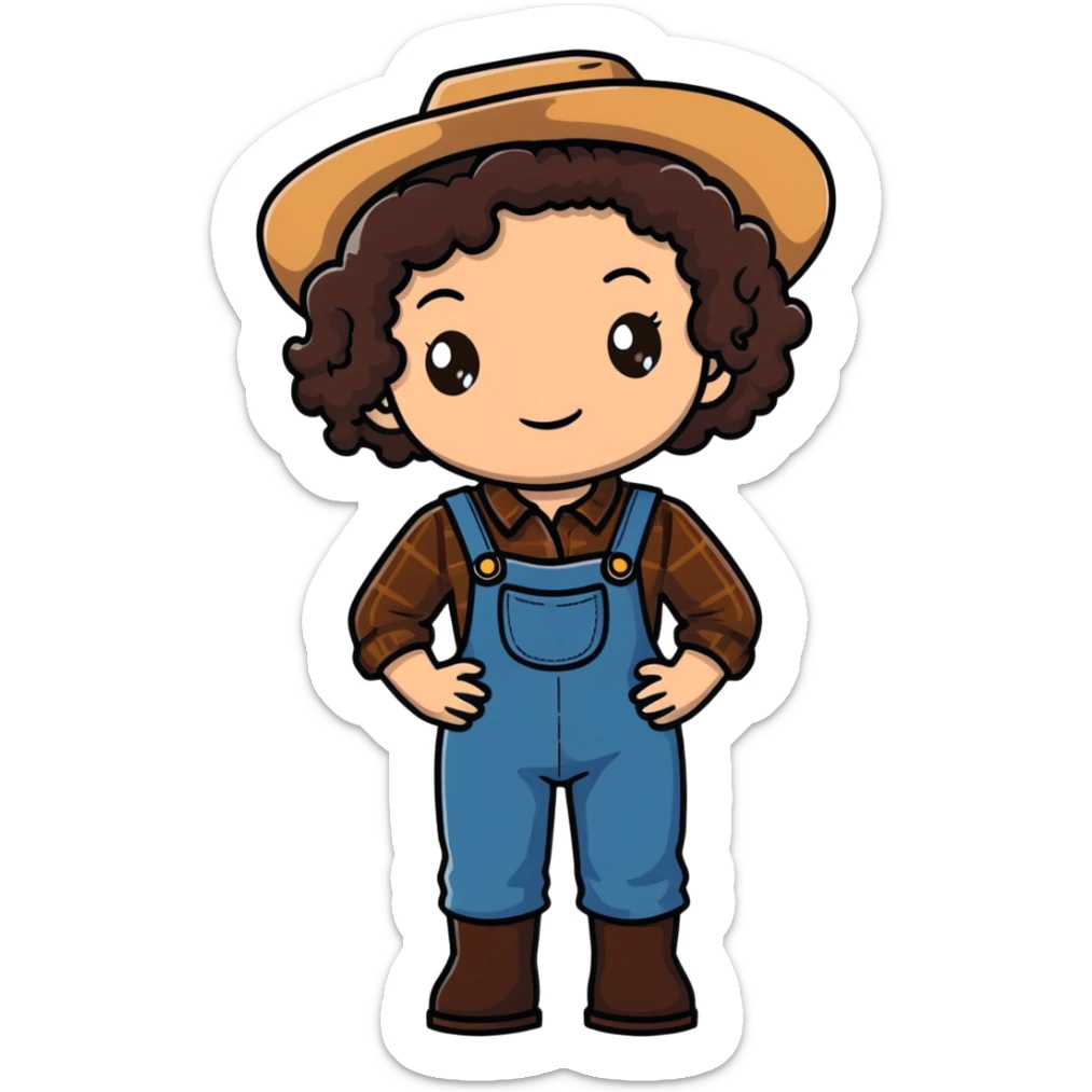 white girl with dark brown curly hair, brown eyes, wearing farm clothes sticker