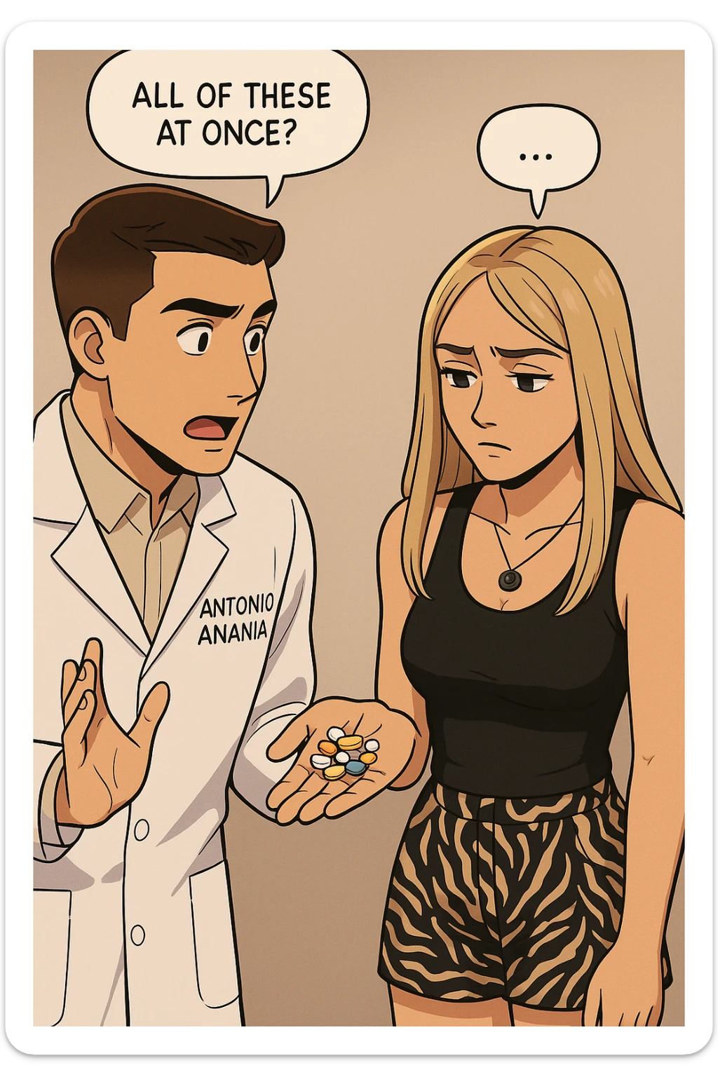 fai un webtoon/manga a colori con questo kinesiologo in camice bianco (fagli la scritta "ANTONIO ANANIA" SUL CAMICE) CHE PARLA CON QUESTA RAGAZZA. LA RAGAZZA HA UN PUGNO DI INTEGRATORI IN MANO (TANTE PILLOLE DIVERSE) E LE GUARDA DUBBIOSA. IL KINESIOLOGO CON IL CAMICE BIANCO LE DOMANDA UNA COSA SCIOCCATO. NON FARE I FUMETTI, FAI SOLO LORO COME SE DIALOGASSERO sticker