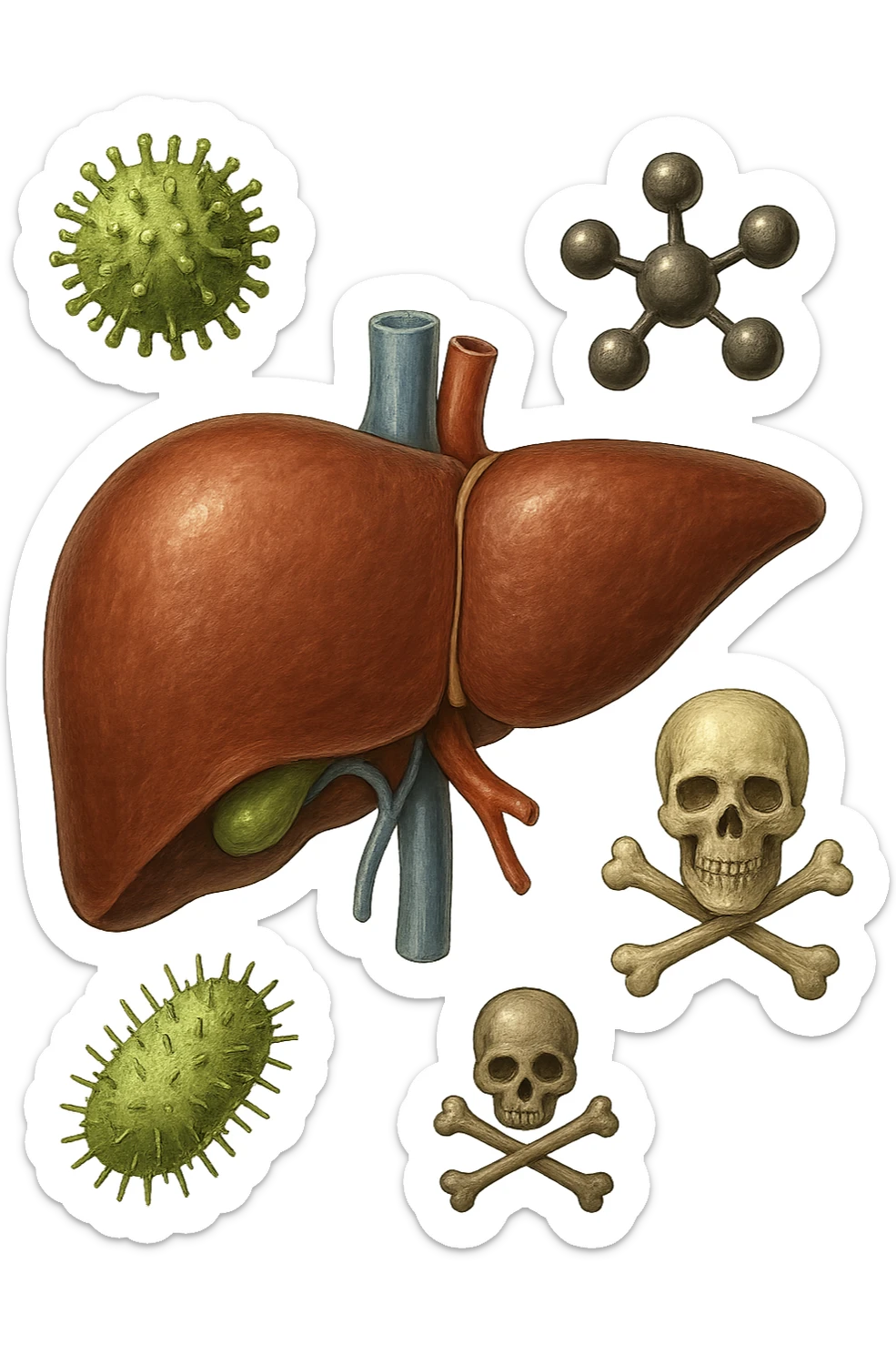 fegato umano anatomico con tossine che gli fluttuano intorno sticker