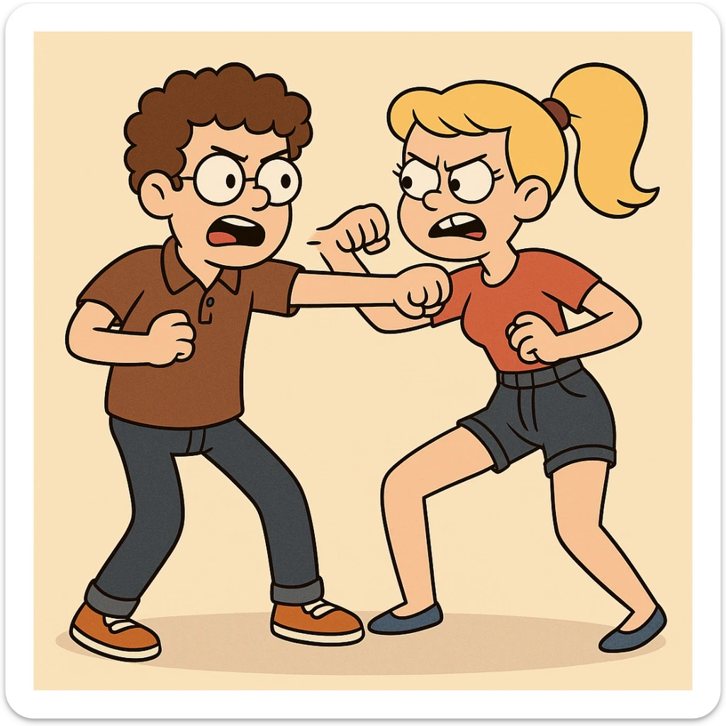 Fighting a boy brown Curly hair circle glasses Royal Pro polo brown jeans orange shoes and a girl Yellow ponytail hair red shirt high waisted dark blue denim shorts blue shoes sticker