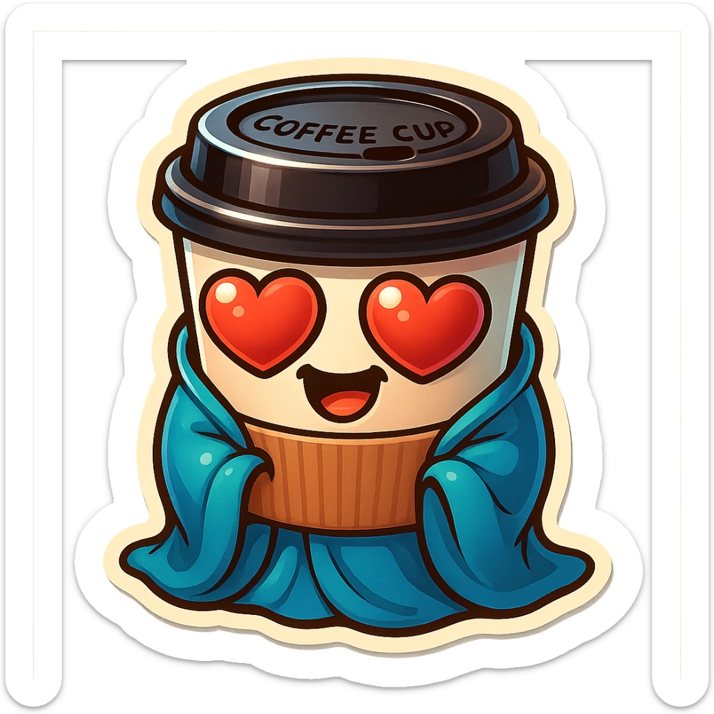 Ink wash style, coffee cup creature, big heart eyes, dopey smile sticker