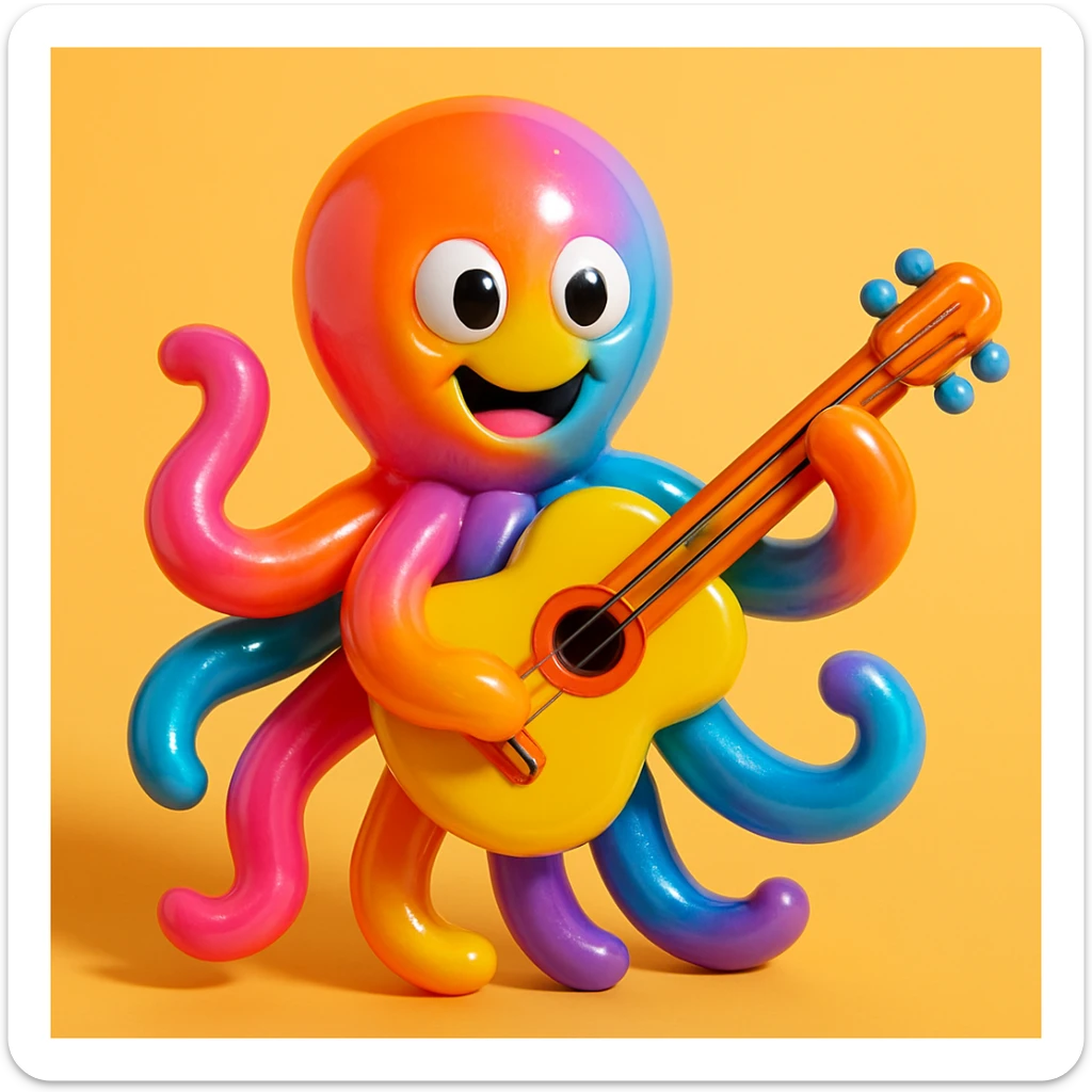 happy octopus with multiple arms playing guitar sticker