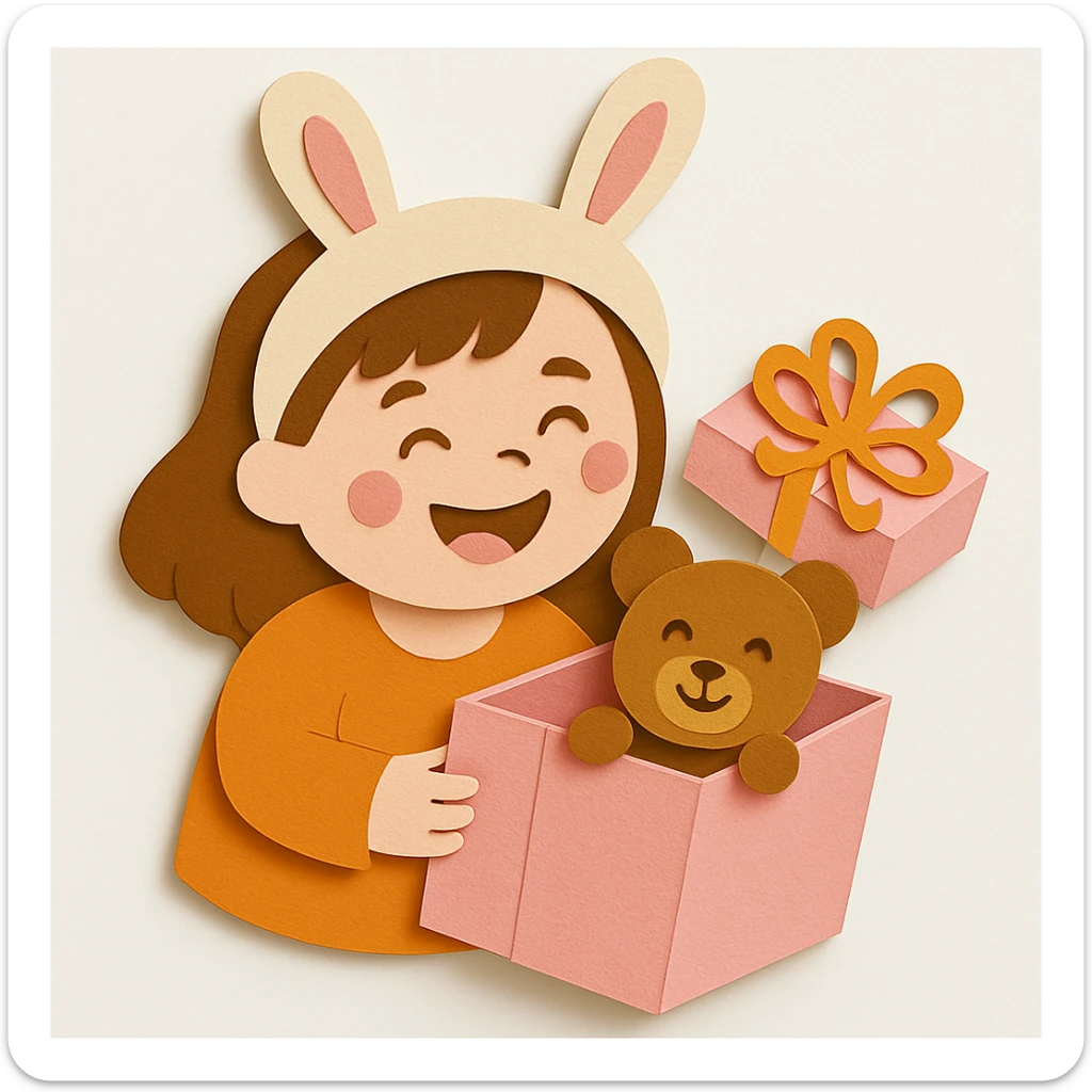Change the gift box and its cover to pastel pink color, and make the bear's face look visually smiley and happy. Keep all other design elements unchanged sticker