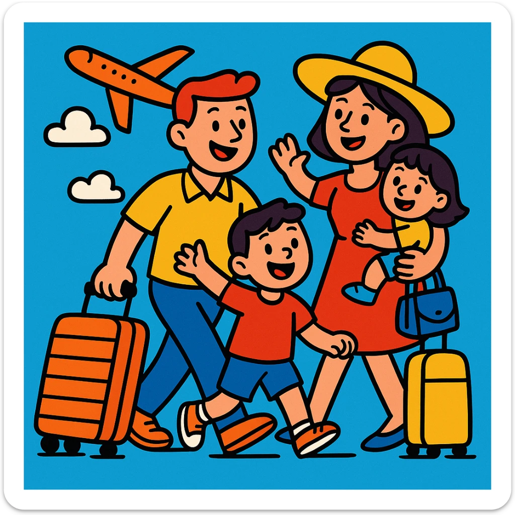 una familia viajando, estilo dibujo animado, cartoon style, cheerful and lively sticker