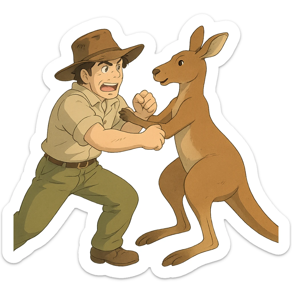 ghibli style illustration of a man with an Australian hat in a playful fight with a kangaroo sticker