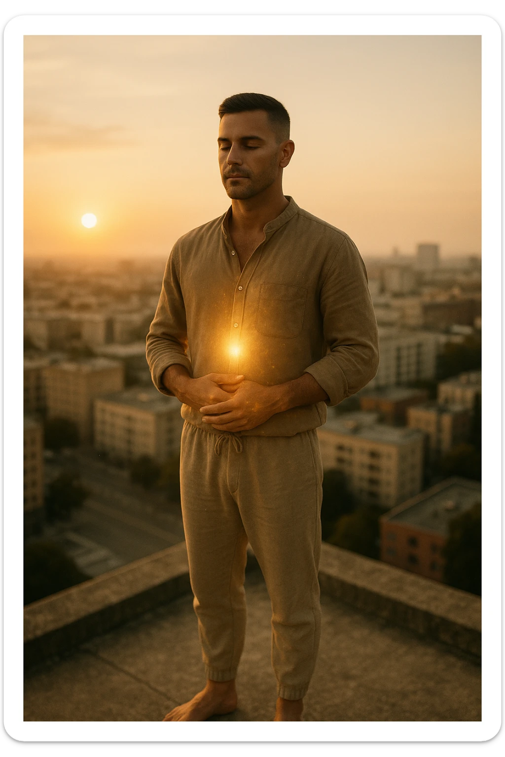 A cinematic portrait of a calm and composed man in his mid-30s, with light stubble and a defined jawline, standing alone on a rooftop at sunrise overlooking a quiet modern city. He’s wearing minimalist, earth-toned clothing — a linen shirt loosely buttoned, neutral joggers, barefoot. His hands rest gently over his abdomen in a meditative posture, eyes half-closed, reflecting clarity and focus. The early morning light bathes his face and body in soft gold, symbolizing renewal and healing. Around him, the city is still asleep, with only faint traces of life below. The air feels clean and silent. Subtle glow effects radiate gently from his chest and abdomen, suggesting internal regeneration. 35mm film style, shallow depth of field, realistic human textures and cinematic color grading with warm and natural tones. sticker