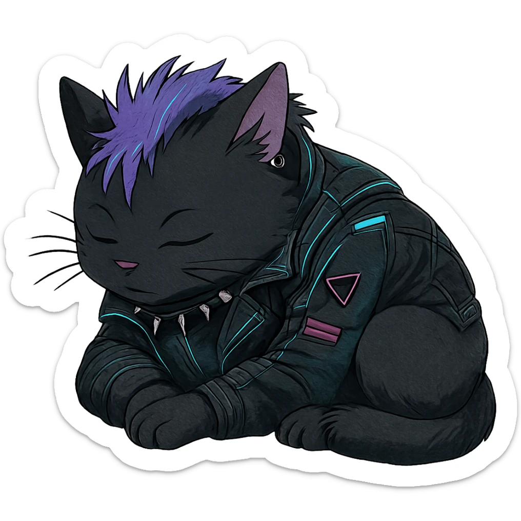  a cat laying down his head to nap, punk gothic style, futuristic cyberwave cyberpunk, sitting position sticker