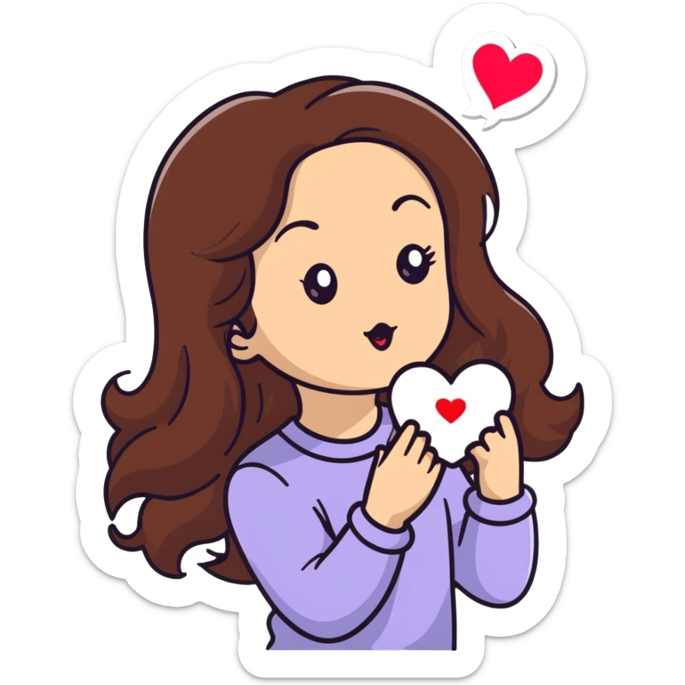 girl with long brown hair blowing a heart kiss sticker