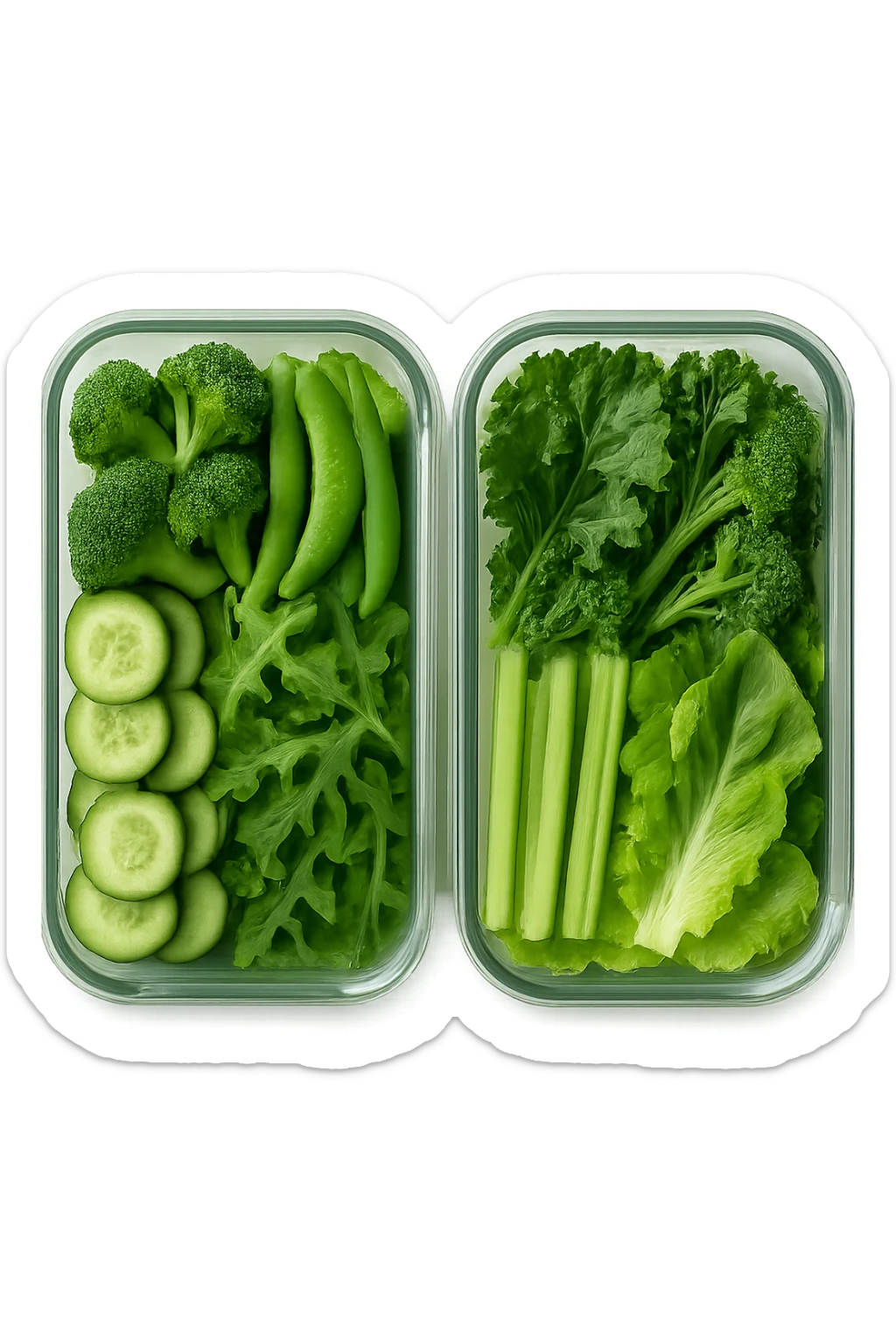 verdure tagliate e sistemate in due schiscette di vetro viste dall'alto, iperrealistico 4k sticker