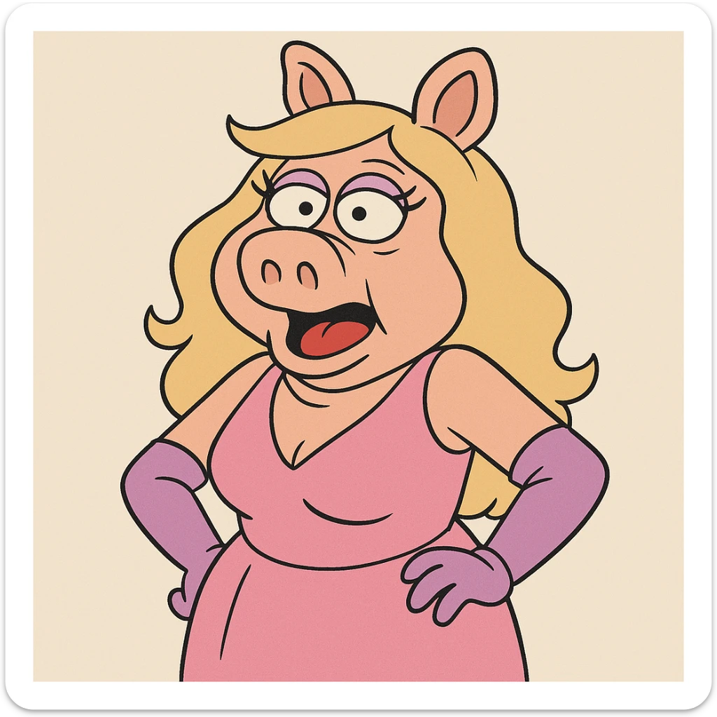 Miss Piggy with cross eyes, cartoon style, pink dress, exaggerated features sticker