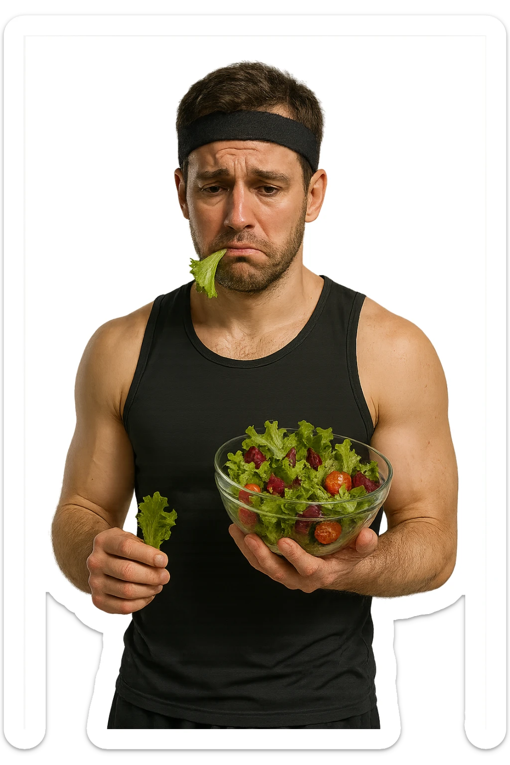 uomo fitness cON INSALATA IN MANO E FOGLIA DI INSALATA IN BOCCA, ESPRESSIONE TRISTE sticker