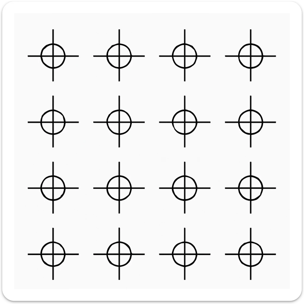 a series of layout markings spaced in an even symmetrical grid, as in camera viewfinder crosshairs. black and white high contrast, precision optics sticker