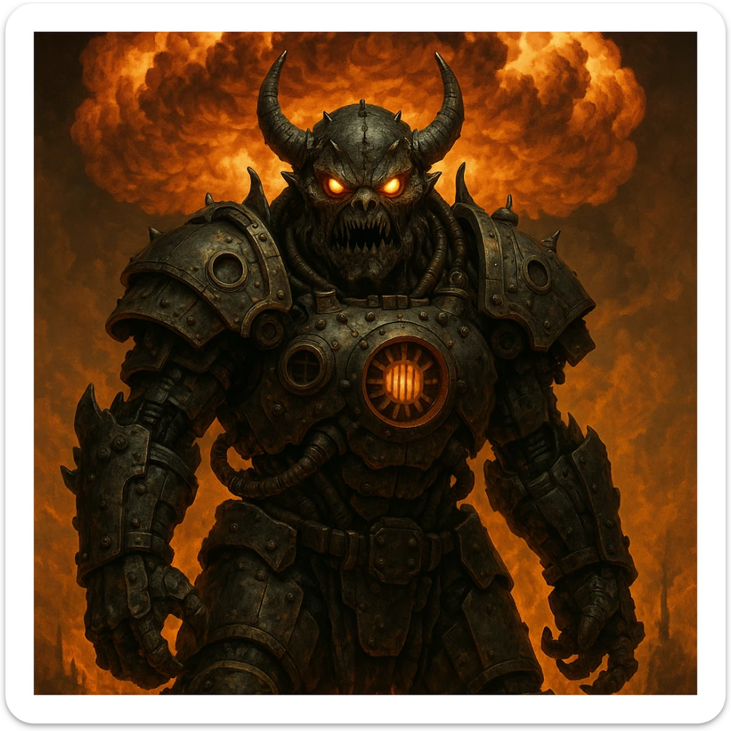 monstrous boss with armor made of nuclear reactor parts, glowing eyes, background of a mushroom cloud sticker