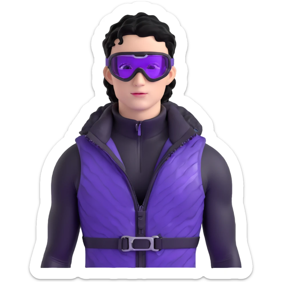 male athlete with white skin and moderately curly black hair on top with shaved sides, wearing ski goggles with purple frames and very dark black lenses, a simple plain black chain necklace, and a completely unzipped shiny vest with purple and black sequin fire pattern design, fully revealing his chest and abs, no earrings sticker