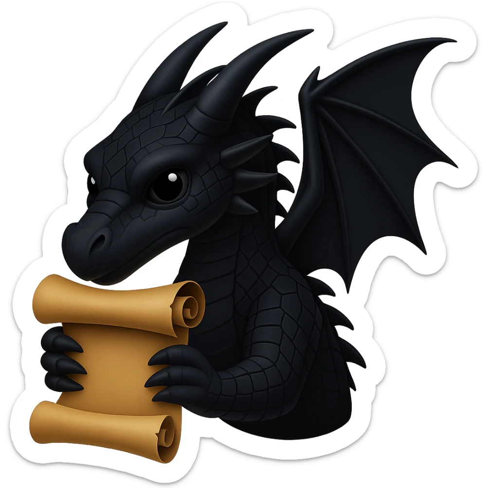 Edit the image to depict Darkstalker the NightWing dragon from Wings of Fire holding his animus scroll in emoji style with no background. Remove the background entirely to isolate the subject. sticker