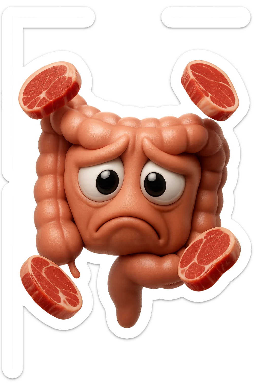 emoji stile iphone in 3d di un intestino triste con fette di carne che gli fluttuano intorno, gli occhi falli con la parte bianca pure, iperrealistico 4k sticker