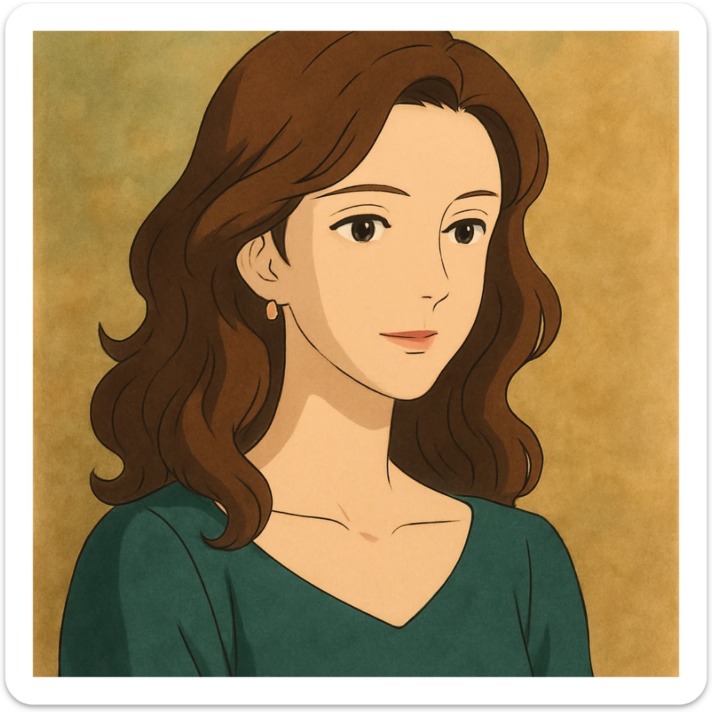 tasteful portrait of a brunette woman, soft lighting, elegant expression, color illustration, ghibli style sticker