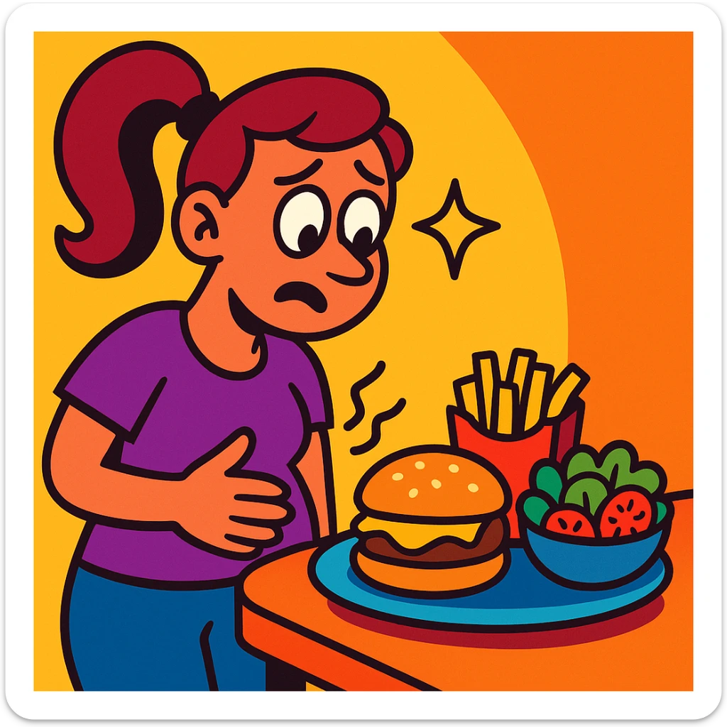 cartoon of a woman with a rumbling stomach, looking at food, playful style, vibrant toon style sticker