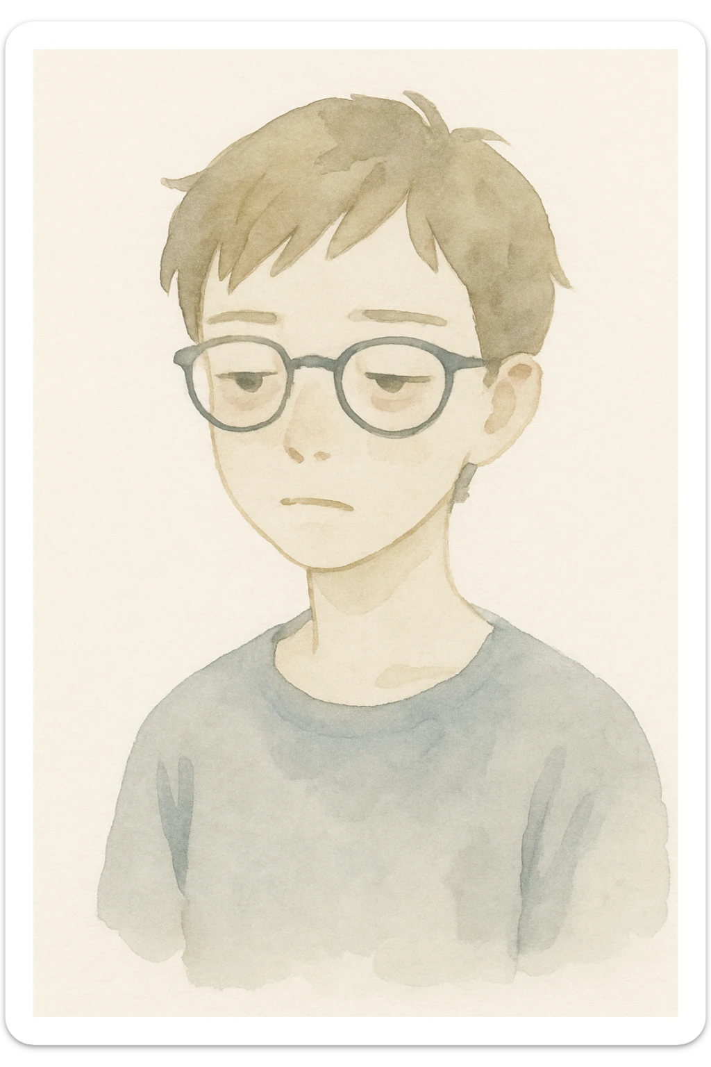 short-haired girl with a boyish style, tired face, wearing glasses, watercolor painting style sticker